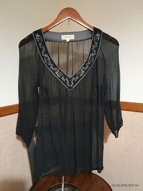 Sheer Black V-Neck Embroidered Women's Blouse